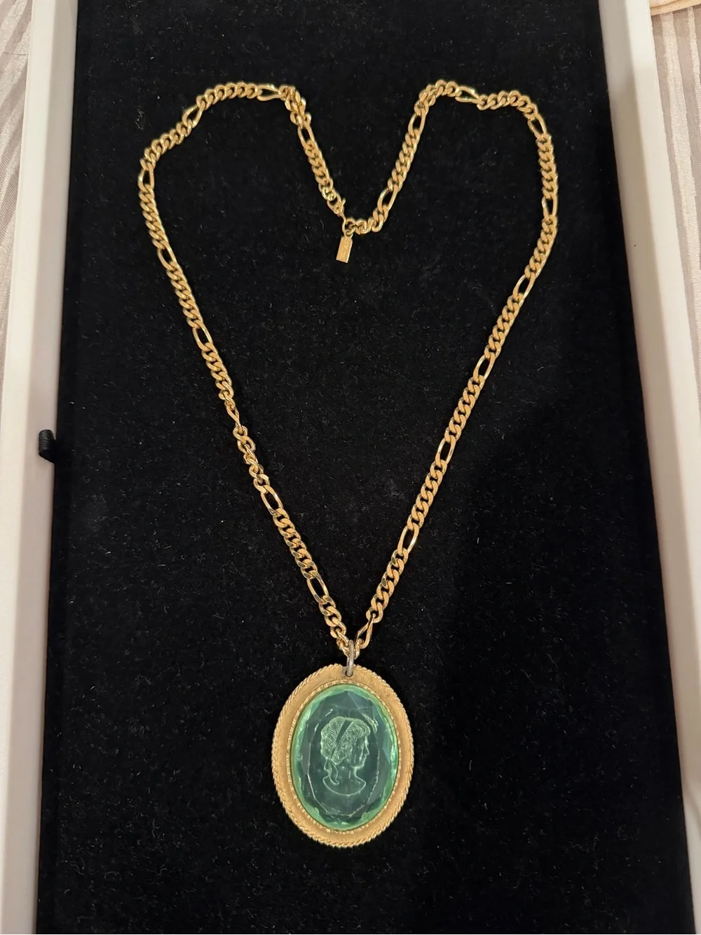 Monet Gold-Tone Necklace with Green Oval Cameo Pendant